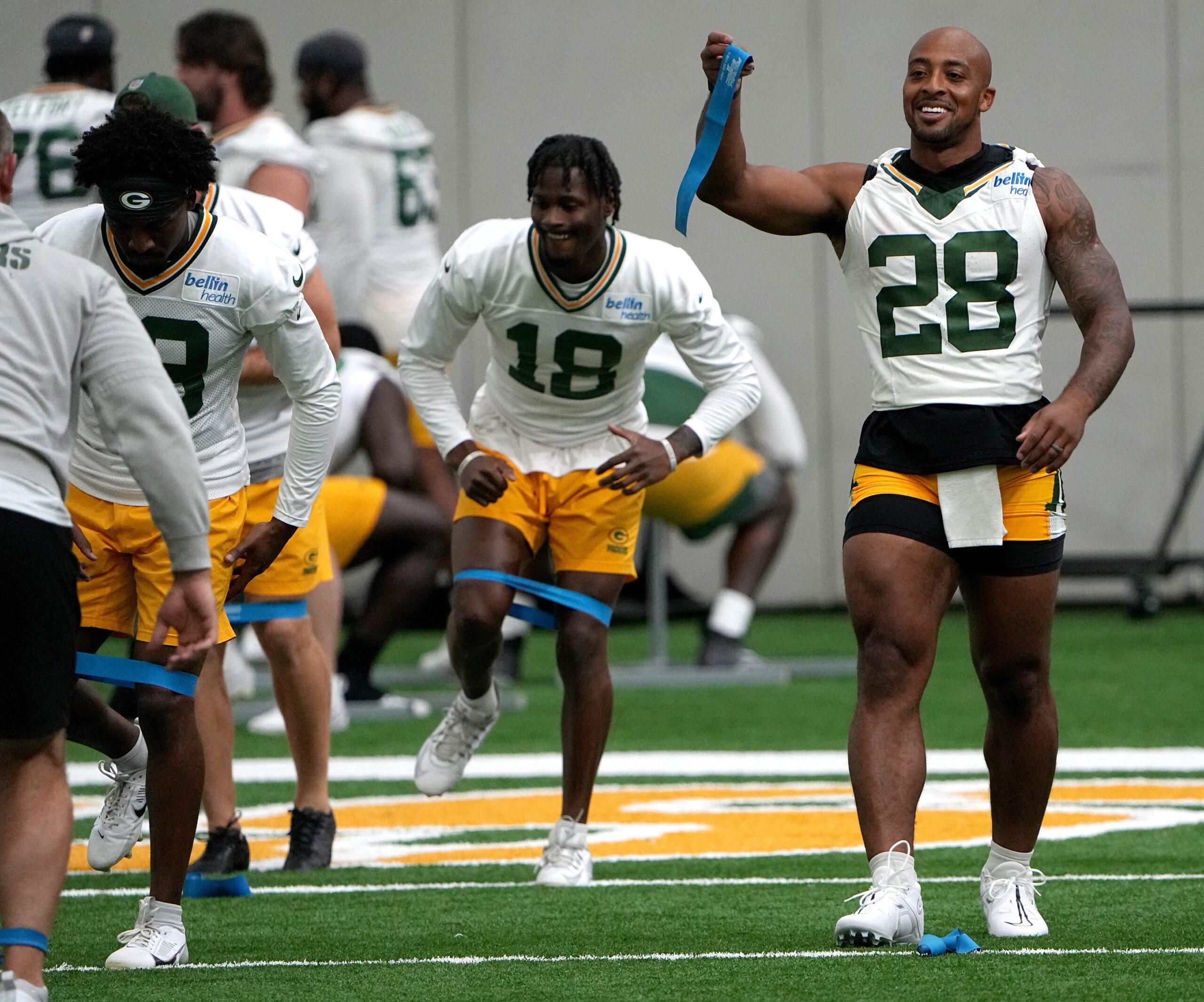 Green Bay Packers running back AJ Dillon (28) is shown during the team’s mini camp Tuesday, June 11, 2024, in Green Bay, Wisconsin.