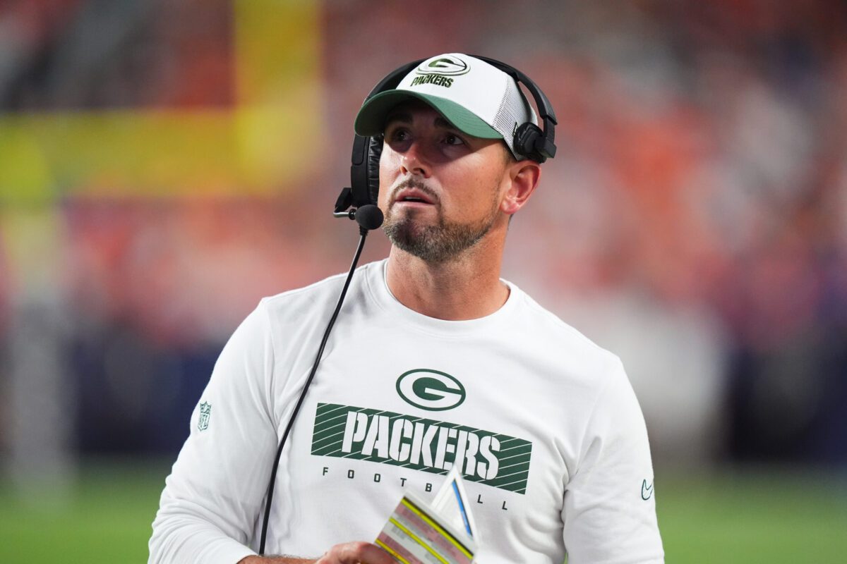 Aug 18, 2024; Denver, Colorado, USA; Green Bay Packers head coach Matt LaFleur during the second half against the Denver Broncos at Empower Field at Mile High. Mandatory Credit: Ron Chenoy-Imagn Images