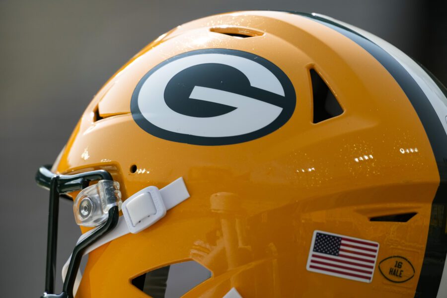 Aug 24, 2024; Green Bay, Wisconsin, USA; General view of a Green Bay Packers helmet during warmups prior to the game against the Baltimore Ravens at Lambeau Field. Mandatory Credit: Jeff Hanisch-Imagn Images