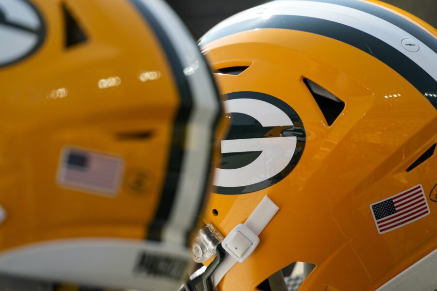 Aug 24, 2024; Green Bay, Wisconsin, USA; General view of Green Bay Packers helmets during warmups prior to the game against the Baltimore Ravens at Lambeau Field. Mandatory Credit: Jeff Hanisch-Imagn Images