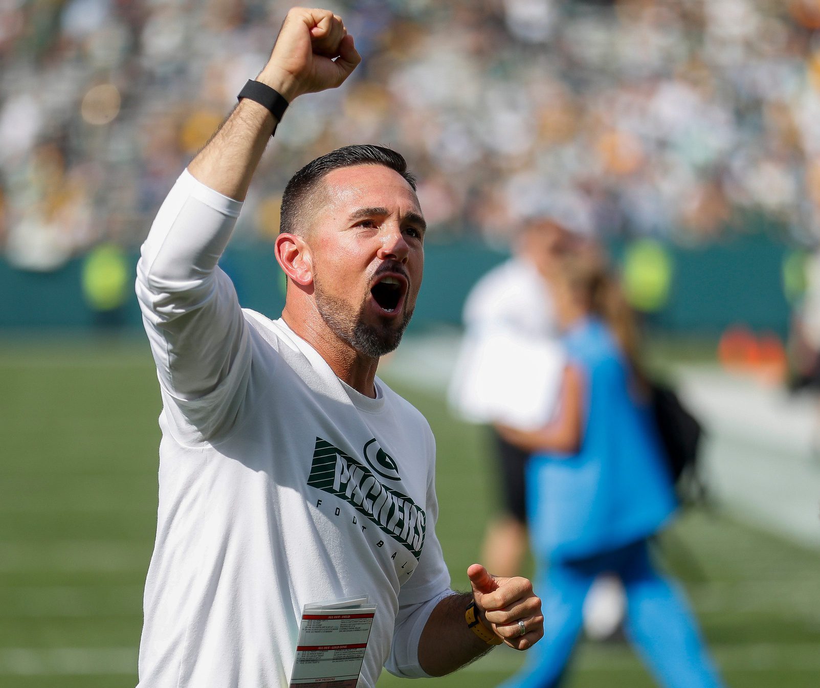 Green Bay Packers head coach Matt LaFleur gestures to the crowd as he leaves the field after defeating the Indianapolis Colts on Sunday, September 15, 2024, at Lambeau Field in Green Bay, Wis. The Packers won the game, 16-10. Tork Mason/USA TODAY NETWORK-Wisconsin