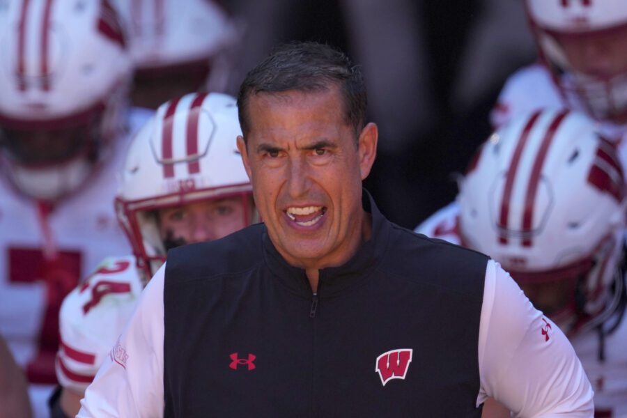 Sep 28, 2024; Los Angeles, California, USA; Wisconsin Badgers head coach Luke Fickell enters the field against the Southern California Trojans in the second half at United Airlines Field at Los Angeles Memorial Coliseum. Mandatory Credit: Kirby Lee-Imagn Images