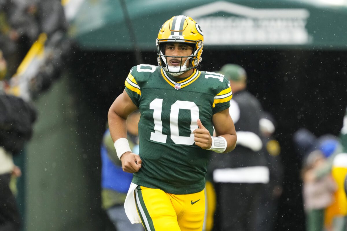 Oct 13, 2024; Green Bay, Wisconsin, USA;  Green Bay Packers quarterback Jordan Love (10) during warmups prior to the game against the Arizona Cardinals at Lambeau Field. Mandatory Credit: Jeff Hanisch-Imagn Images