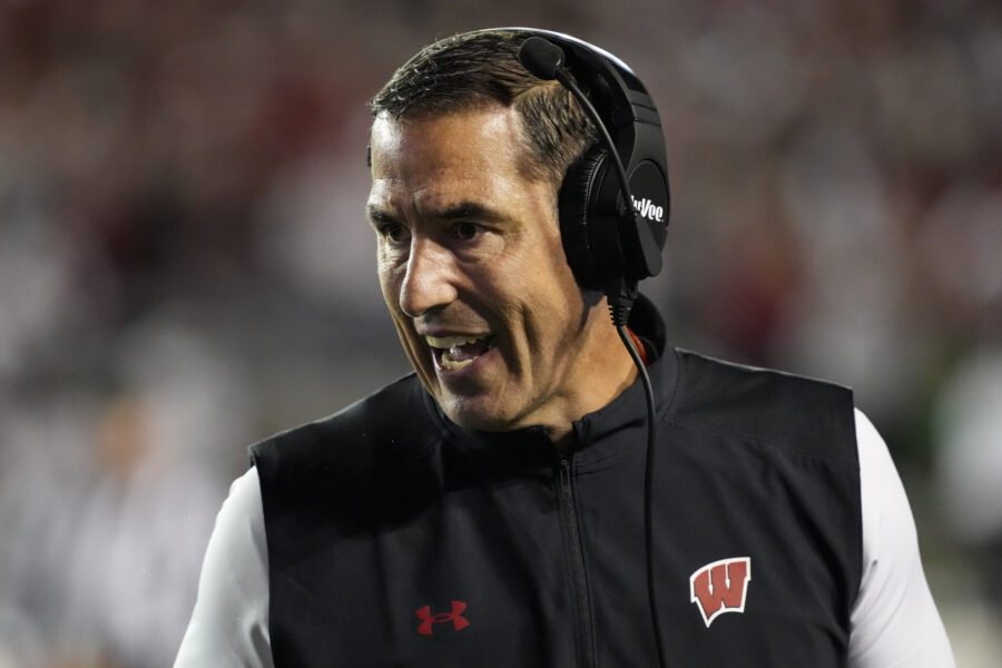 Oct 26, 2024; Madison, Wisconsin, USA; Wisconsin Badgers head coach Luke Fickell during the game against the Penn State Nittany Lions at Camp Randall Stadium. Mandatory Credit: Jeff Hanisch-Imagn Images