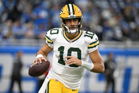 Dec 5, 2024; Detroit, Michigan, USA; Green Bay Packers quarterback Jordan Love (10) throws passes during pregame warmups before their game against the Detroit Lions at Ford Field. Mandatory Credit: Lon Horwedel-Imagn Images