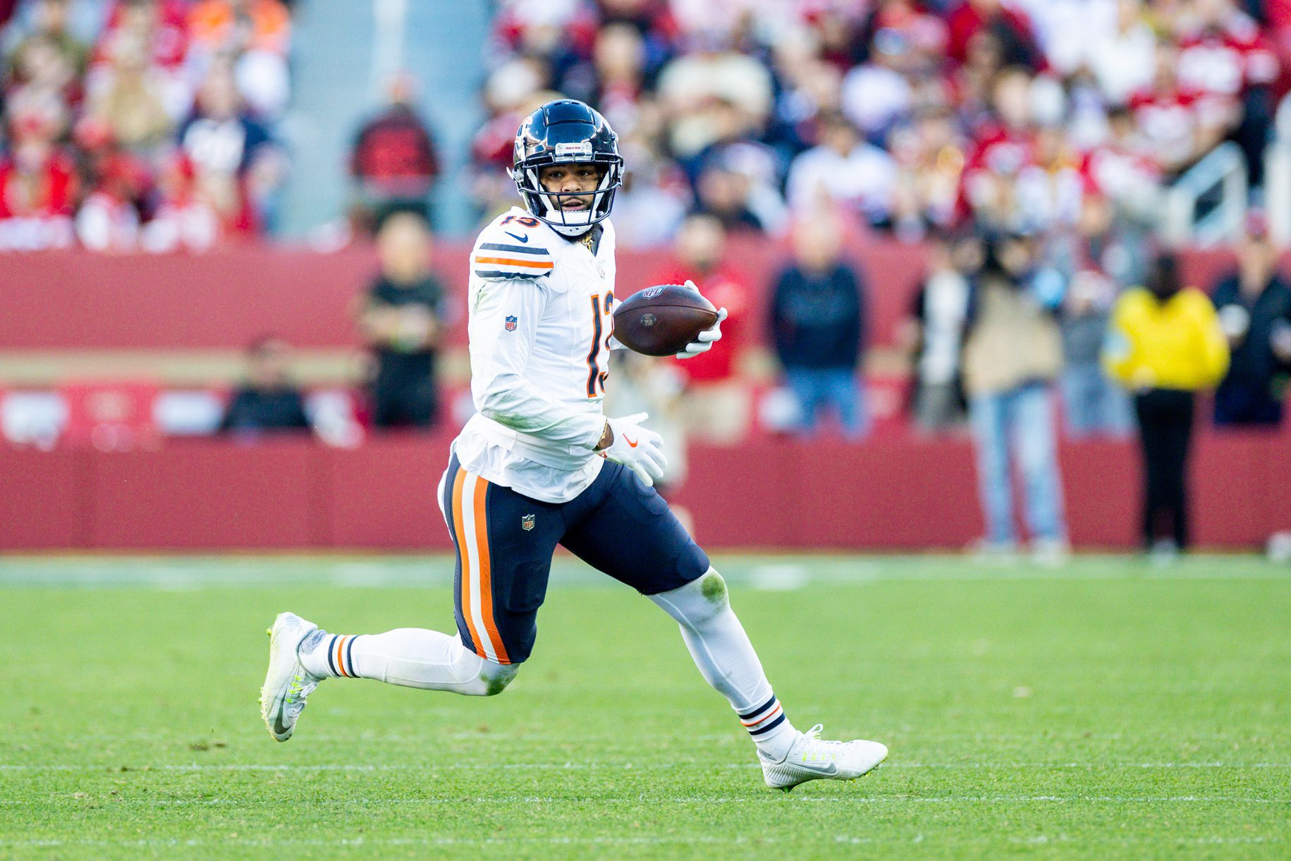 Dec 8, 2024; Santa Clara, California, USA; Chicago Bears wide receiver Keenan Allen (13) runs after catching a pass during the fourth quarter against the San Francisco 49ers at Levi's Stadium. Mandatory Credit: Bob Kupbens-Imagn Images Packers