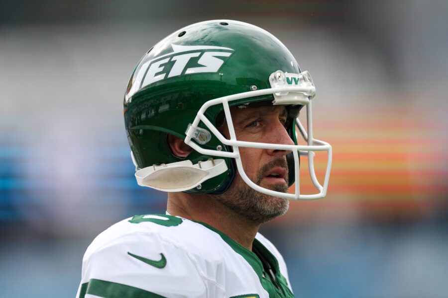 Dec 15, 2024; Jacksonville, Florida, USA; New York Jets quarterback Aaron Rodgers (8) warms up before a game against the Jacksonville Jaguars at EverBank Stadium. Mandatory Credit: Nathan Ray Seebeck-Imagn Images