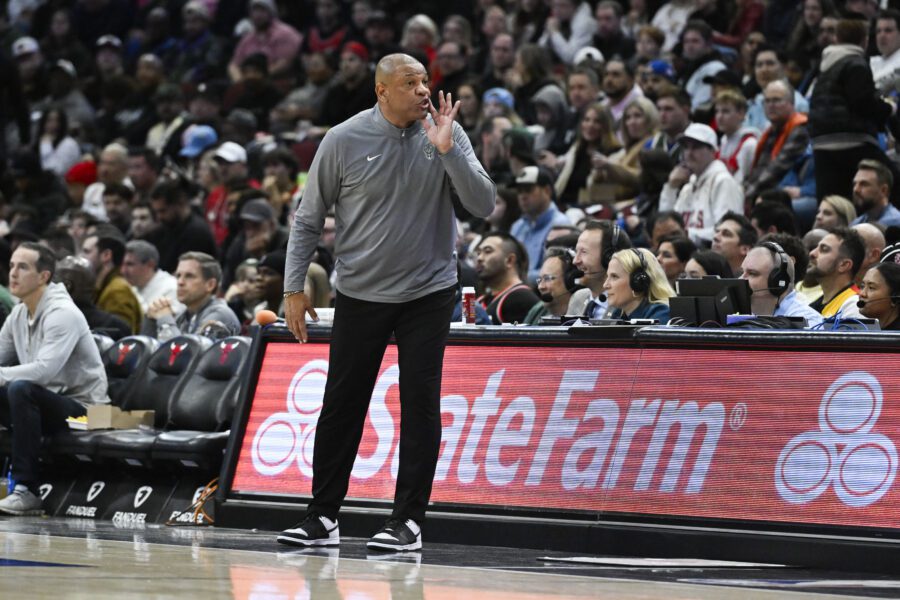 Dec 28, 2024; Chicago, Illinois, USA; Milwaukee Bucks head coach Doc Rivers directs the team against the Chicago Bulls during the second half at the United Center. Mandatory Credit: Matt Marton-Imagn Images