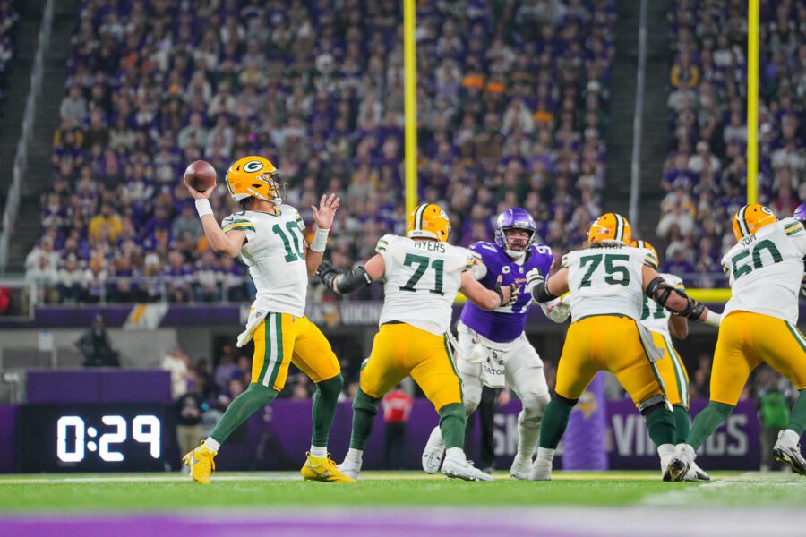 Dec 29, 2024; Minneapolis, Minnesota, USA; Green Bay Packers quarterback Jordan Love (10) passes against Minnesota Vikings in the third quarter at U.S. Bank Stadium. Mandatory Credit: Brad Rempel-Imagn Images