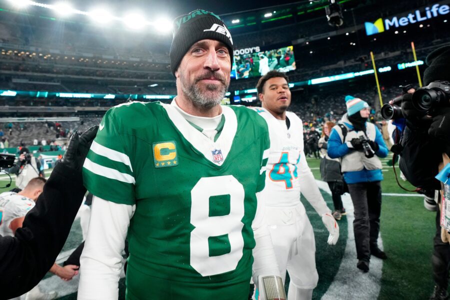 New York Jets quarterback Aaron Rodgers (8) is shown after he led Gang Green to a 32-20 victory against the Miami Dolphins, Sunday January 5, 2025, in East Rutherford.