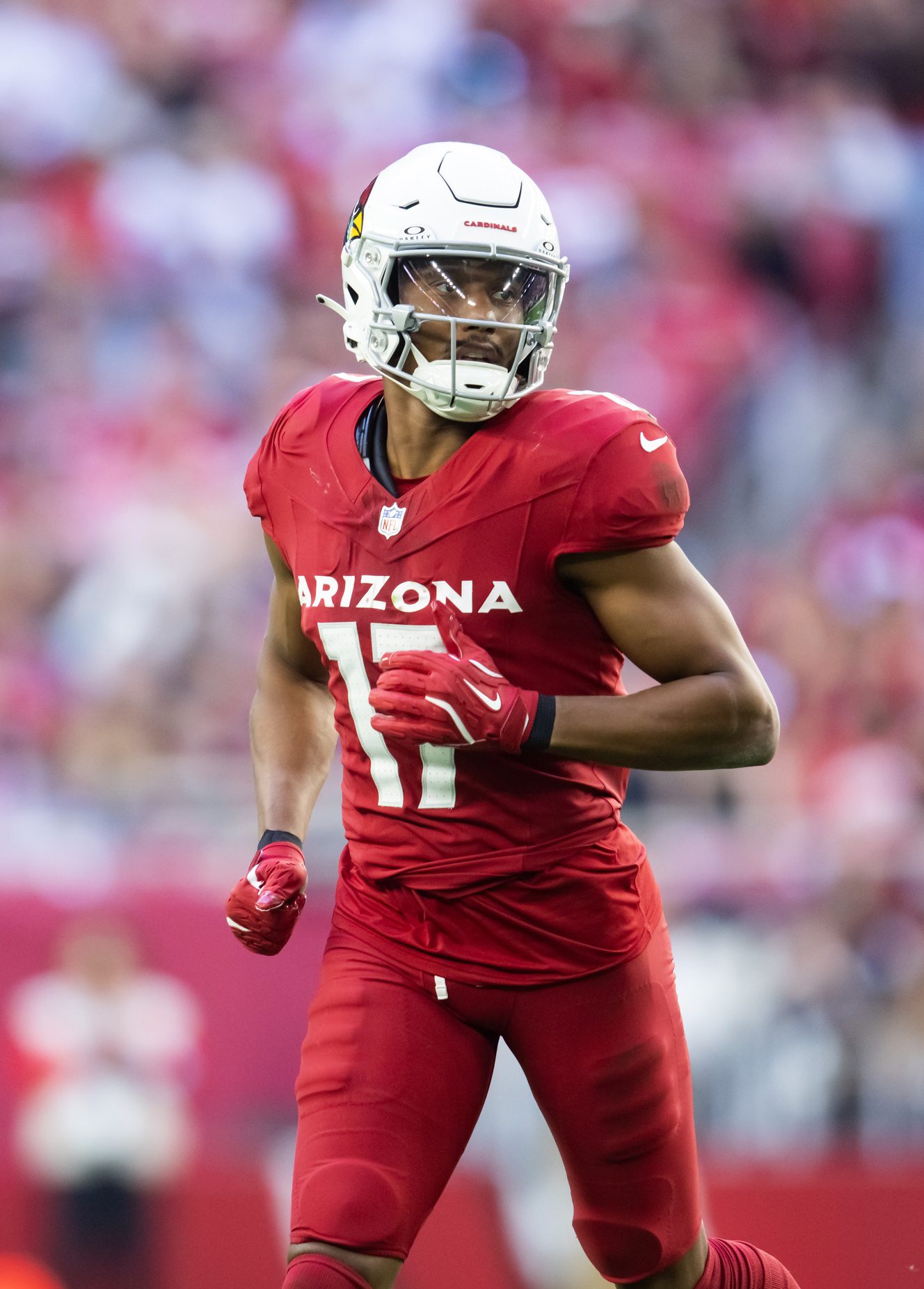 Jan 5, 2025; Glendale, Arizona, USA; Arizona Cardinals wide receiver Zay Jones (17) against the San Francisco 49ers at State Farm Stadium. Mandatory Credit: Mark J. Rebilas-Imagn Images Packers