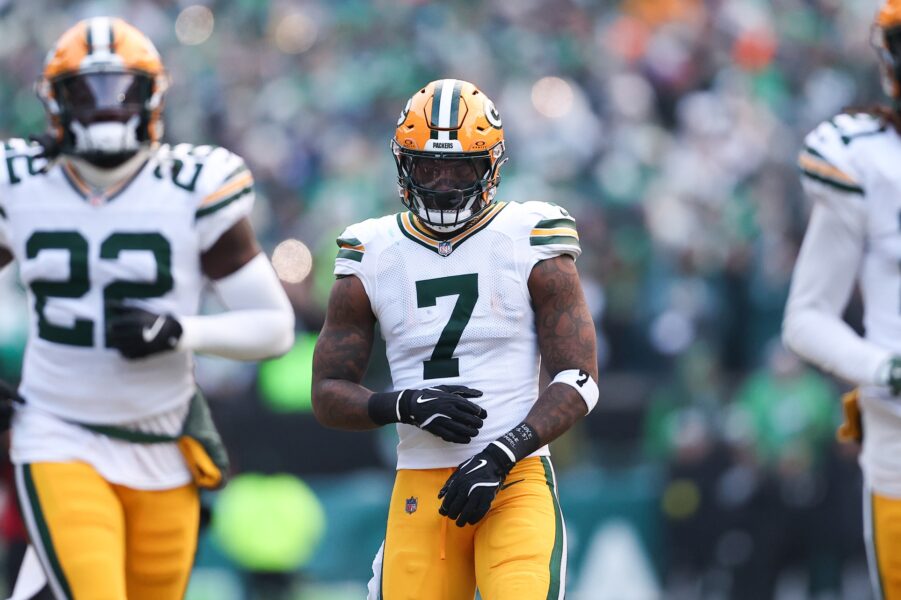 Jan 12, 2025; Philadelphia, Pennsylvania, USA; Green Bay Packers linebacker Quay Walker (7) before action against the Philadelphia Eagles in an NFC wild card game at Lincoln Financial Field. Mandatory Credit: Bill Streicher-Imagn Images