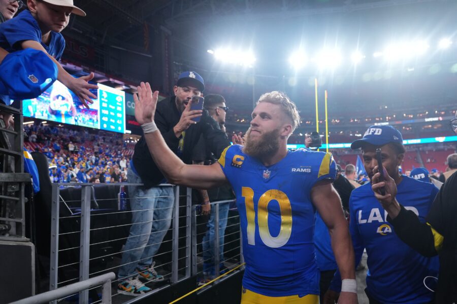 Jan 13, 2025; Glendale, AZ, USA; Los Angeles Rams wide receiver Cooper Kupp (10) reacts after the NFC wild card game against the Minnesota Vikings at State Farm Stadium. Mandatory Credit: Joe Camporeale-Imagn Images Packers