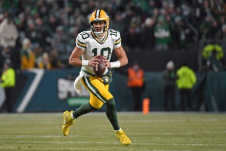 Jan 12, 2025; Philadelphia, Pennsylvania, USA; Green Bay Packers quarterback Jordan Love (10) against the Philadelphia Eagles in an NFC wild card game at Lincoln Financial Field. Mandatory Credit: Eric Hartline-Imagn Images