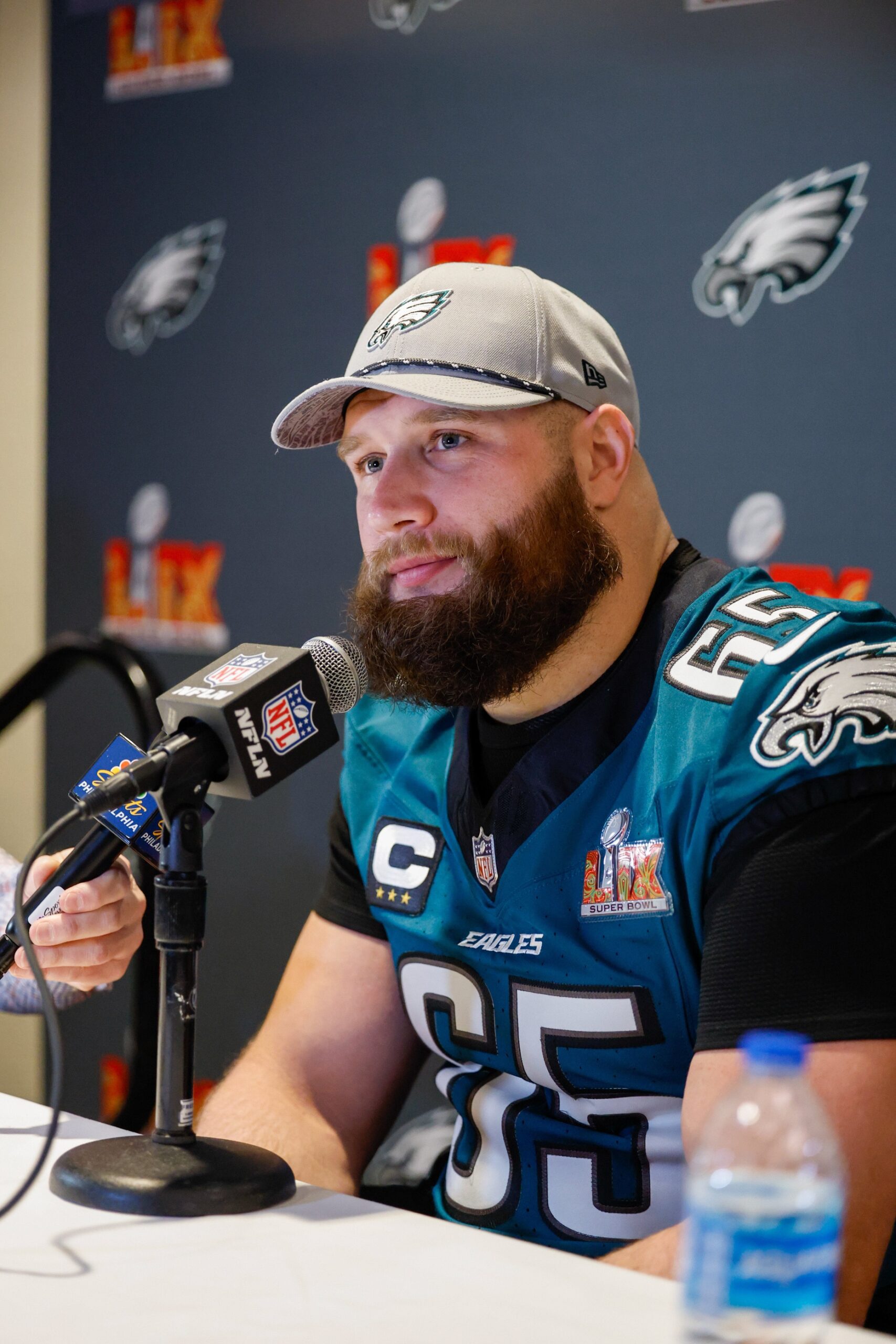 Feb 6, 2025; New Orleans, LA, USA; Philadelphia Eagles offensive tackle Lane Johnson (65) during a press conference in advance of Super Bowl LIX at New Orleans Marriott. Mandatory Credit: Stephen Lew-Imagn ImagesPackers