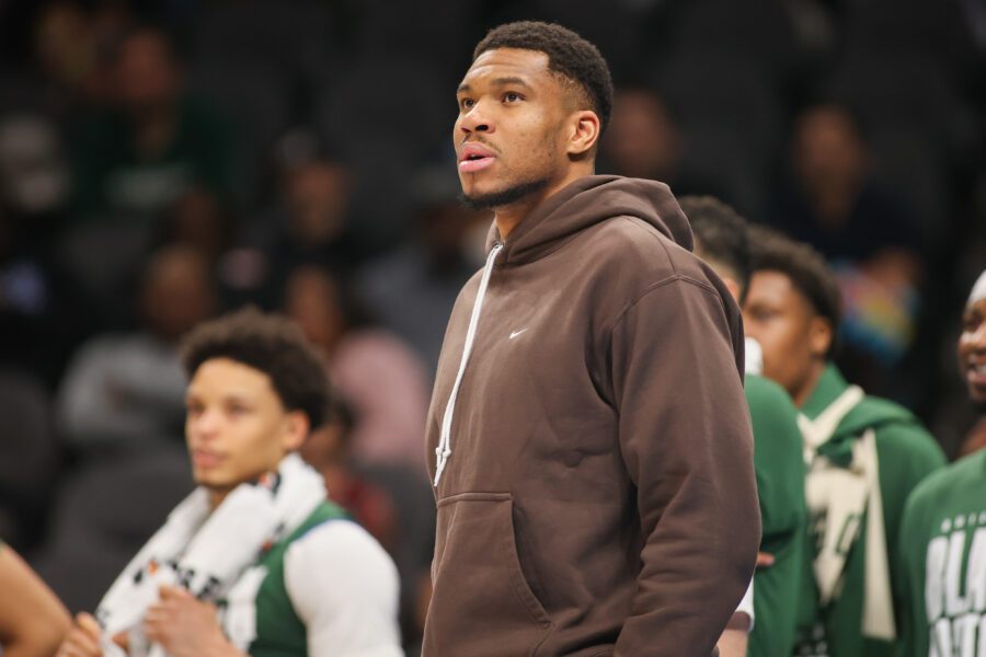 Feb 7, 2025; Atlanta, Georgia, USA; Milwaukee Bucks forward Giannis Antetokounmpo (34) on the sideline against the Atlanta Hawks in the fourth quarter at State Farm Arena. Mandatory Credit: Brett Davis-Imagn Images