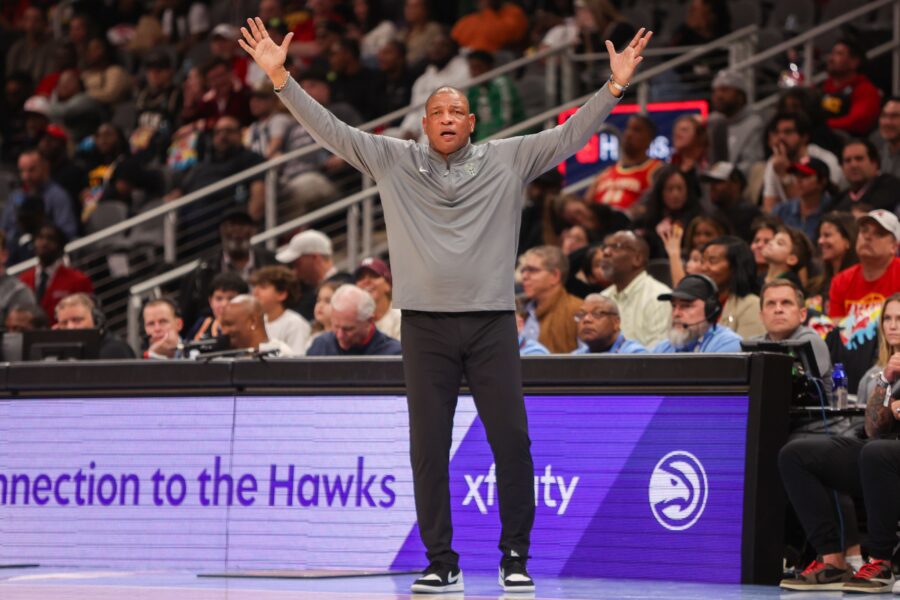 Feb 7, 2025; Atlanta, Georgia, USA; Milwaukee Bucks head coach Doc Rivers reacts to a call against the Atlanta Hawks in the fourth quarter at State Farm Arena. Mandatory Credit: Brett Davis-Imagn Images