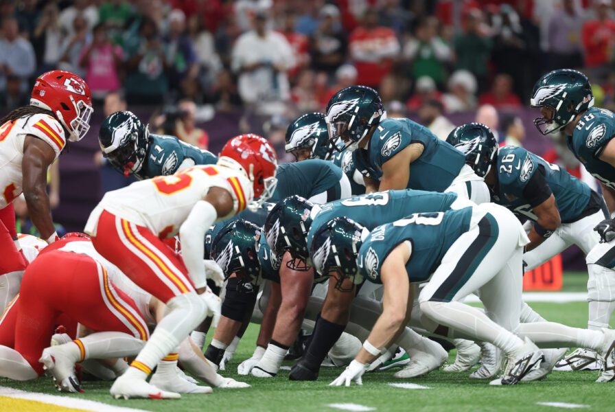 Feb 9, 2025; New Orleans, LA, USA; Philadelphia Eagles quarterback Jalen Hurts (1) lines up for a quarterback sneak at the goal line against the Kansas City Chiefs in the first quarter in Super Bowl LIX at Ceasars Superdome. Mandatory Credit: Mark J. Rebilas-Imagn Images