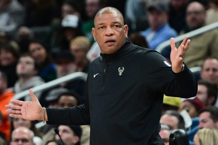 Feb 10, 2025; Milwaukee, Wisconsin, USA; Milwaukee Bucks head coach Doc Rivers reacts in the third quarter against the Golden State Warriors at Fiserv Forum. Mandatory Credit: Benny Sieu-Imagn Images