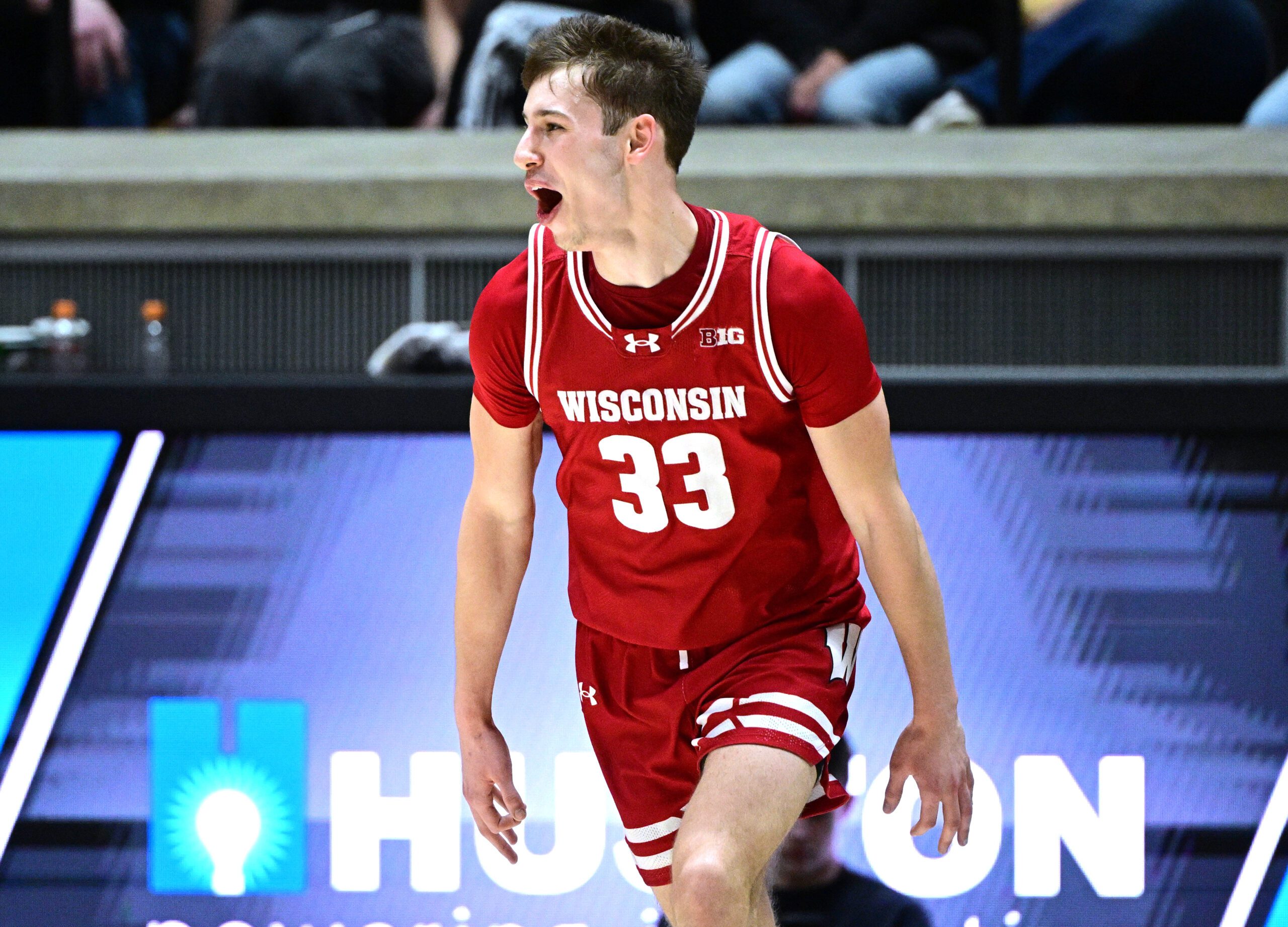 February 15, 2025; West Lafayette, Indiana, USA; Wisconsin Borsgers Jack Janicki (33) reacts to shooting three points in the second half against Purdue Boilermakers at Mackey Arena. Mandatory loan: paintings Marc Lebryk-Imagn