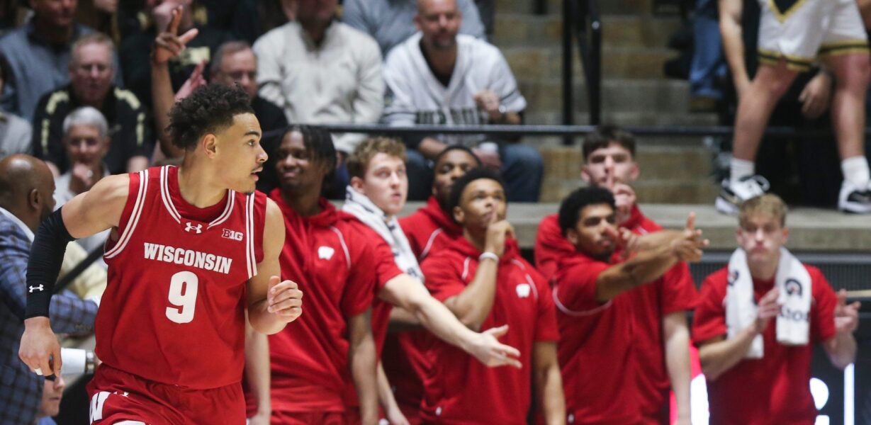 The Wisconsin Badgers bench celebrates after the guard Wisconsin Badgers John Tonje (9) shot on Saturday, February 15, 2025, during the NCAA male basketball match against Purdue Boilermakers at the Mackey Arena in West Lafayette, Ind. Wisconsin Badgers won 94-84.