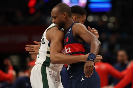 Feb 21, 2025; Washington, District of Columbia, USA; Former teammates Milwaukee Bucks forward Giannis Antetokounmpo (34) and Washington Wizards forward Khris Middleton (32) hug prior to their game at Capital One Arena. Mandatory Credit: Geoff Burke-Imagn Images