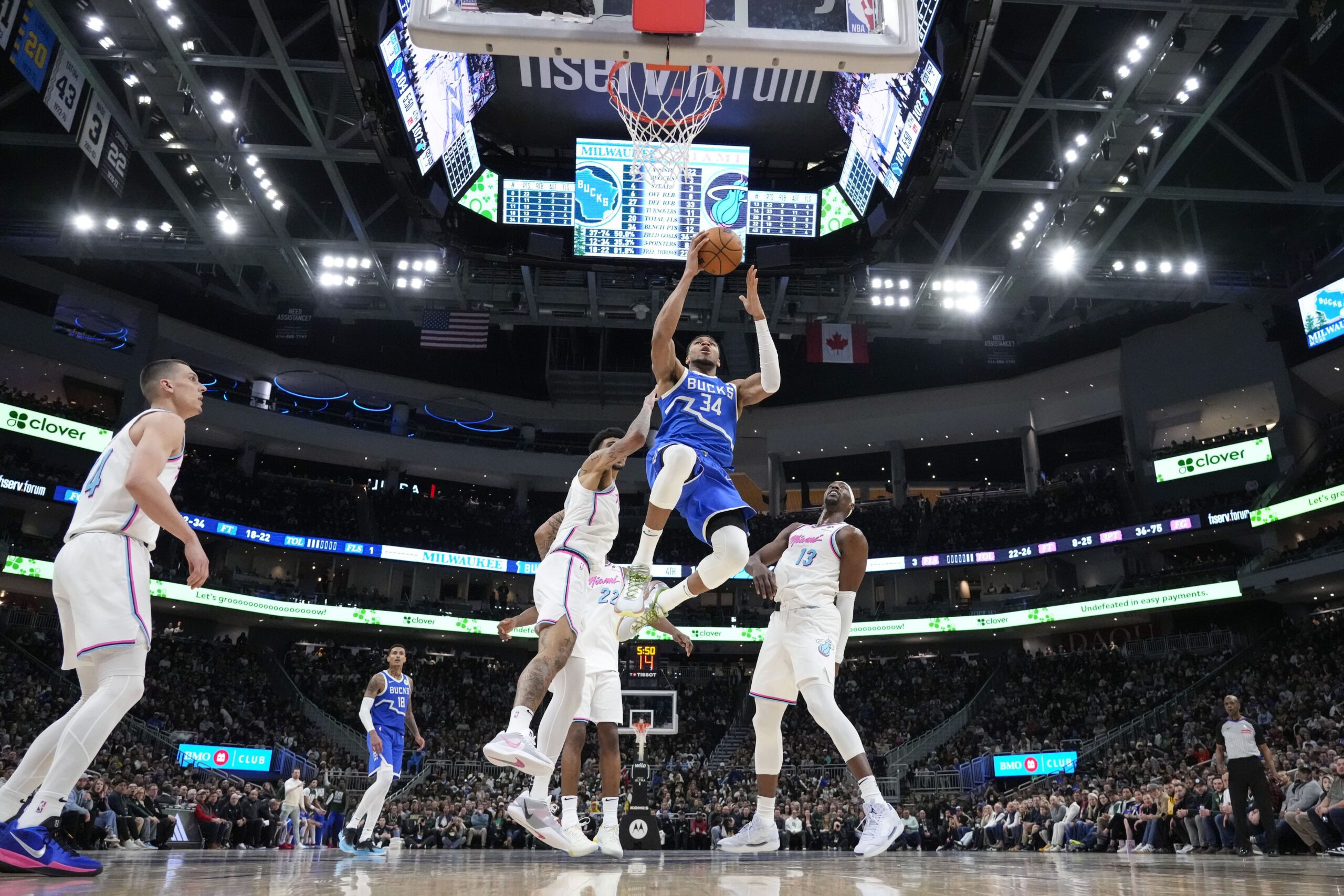 February 23, 2025; Milwaukee, Wisconsin, USA; Milwaukee Bucks striker Giannis Antetokunmpo (34) shoots in the fourth quarter against Miami Heat on the Fiserv Forum. Mandatory loan: Images Jeff Hanisch-Imagn