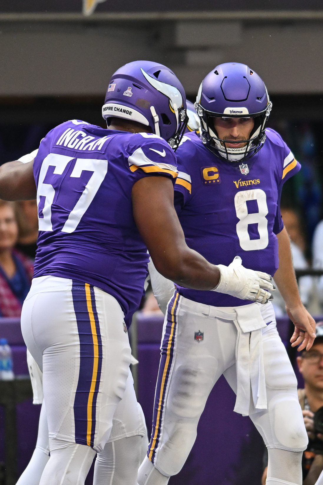 Oct 30, 2022; Minneapolis, Minnesota, USA; Minnesota Vikings quarterback Kirk Cousins (8) and guard Ed Ingram (67) in action during the game against the Arizona Cardinals at U.S. Bank Stadium. Mandatory Credit: Jeffrey Becker-Imagn Images