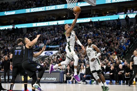 Feb 3, 2024; Dallas, Texas, USA; Milwaukee Bucks forward Giannis Antetokounmpo (34) in action during the game between the Dallas Mavericks and the Milwaukee Bucks at the American Airlines Center. Mandatory Credit: Jerome Miron-Imagn Images