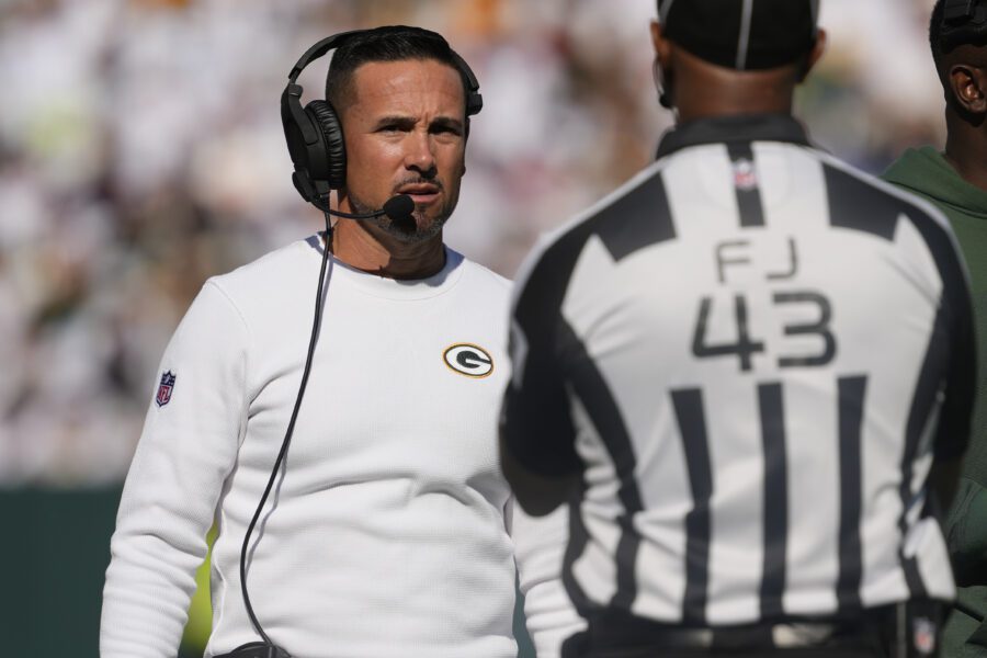 Oct 20, 2024; Green Bay, Wisconsin, USA; Green Bay Packers head coach Matt LaFleur talks with an official during the second quarter against the Houston Texans at Lambeau Field. Mandatory Credit: Jeff Hanisch-Imagn Images