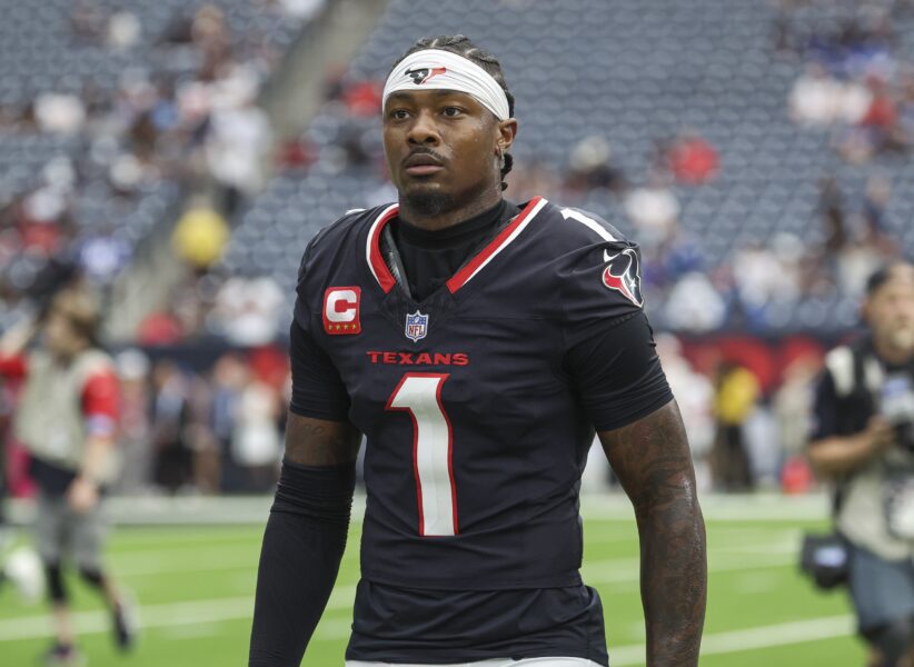 Houston Texans wide receiver Stefon Diggs (1) walks towards the sideline