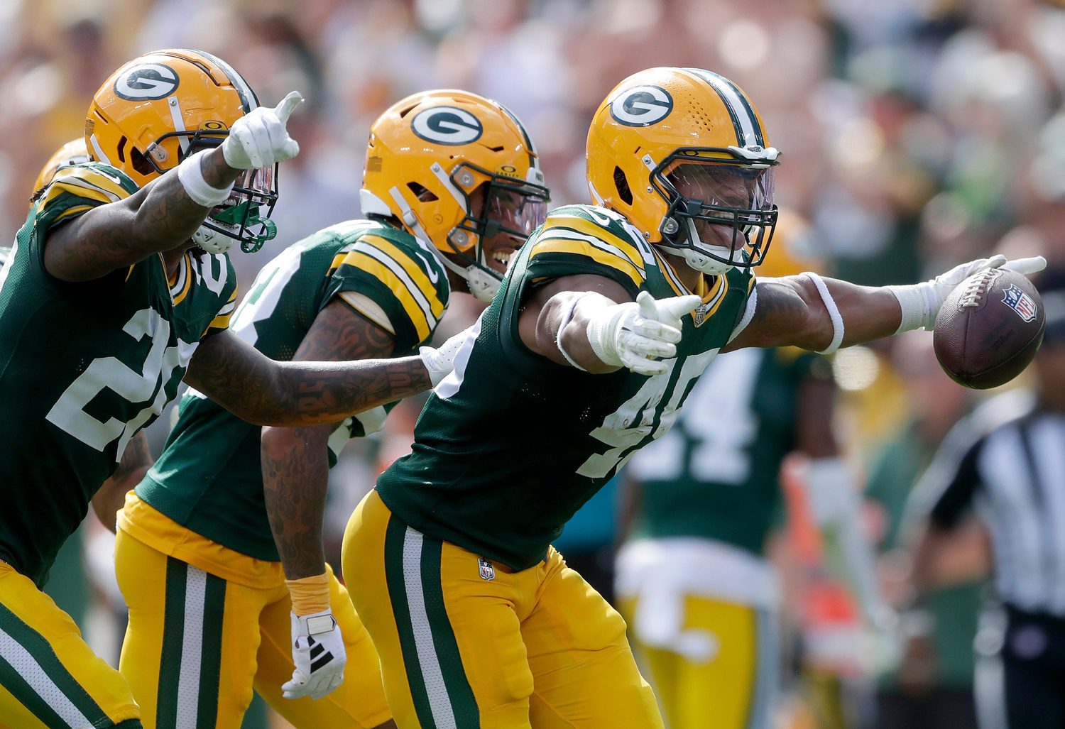 Green Bay Packers linebacker Eric Wilson (45) celebrates after intercepting a fourth quarter pass against the Indianapolis Colts wide receiver Michael Pittman Jr. (11) during their football game on Sunday, September 15, 2024 at Lambeau Field in Green Bay, Wis. Wm. Glasheen USA TODAY NETWORK-Wisconsin