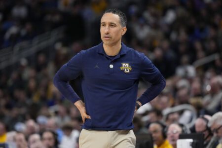 Jan 7, 2025; Milwaukee, Wisconsin, USA; Marquette Golden Eagles head coach Shaka Smart during the game against the Georgetown Hoyas at Fiserv Forum. Mandatory Credit: Jeff Hanisch-Imagn Images