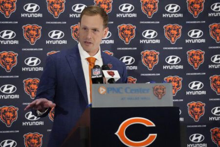 Jan 22, 2025; Lake Forest, IL, USA; Chicago Bears head coach Ben Johnson answers questions during a introductory press conference at PNC Center. Mandatory Credit: David Banks-Imagn Images