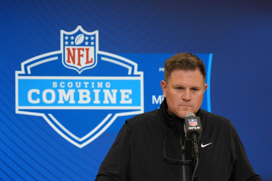 Feb 25, 2025; Indianapolis, IN, USA; Green Bay Packers general manager Brian Gutekunst speaks during the NFL Scouting Combine at the Indiana Convention Center. Mandatory Credit: Kirby Lee-Imagn Images