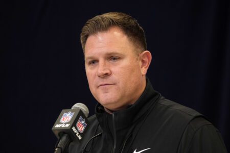 Feb 25, 2025; Indianapolis, IN, USA; Green Bay Packers general manager Brian Gutekunst speaks during the NFL Scouting Combine at the Indiana Convention Center. Mandatory Credit: Kirby Lee-Imagn Images