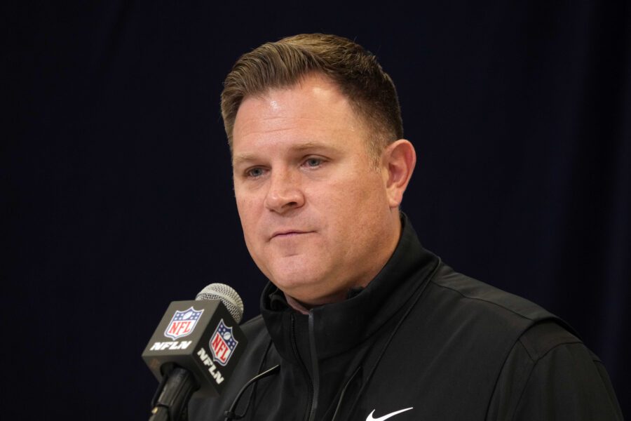 Feb 25, 2025; Indianapolis, IN, USA; Green Bay Packers general manager Brian Gutekunst speaks during the NFL Scouting Combine at the Indiana Convention Center. Mandatory Credit: Kirby Lee-Imagn Images