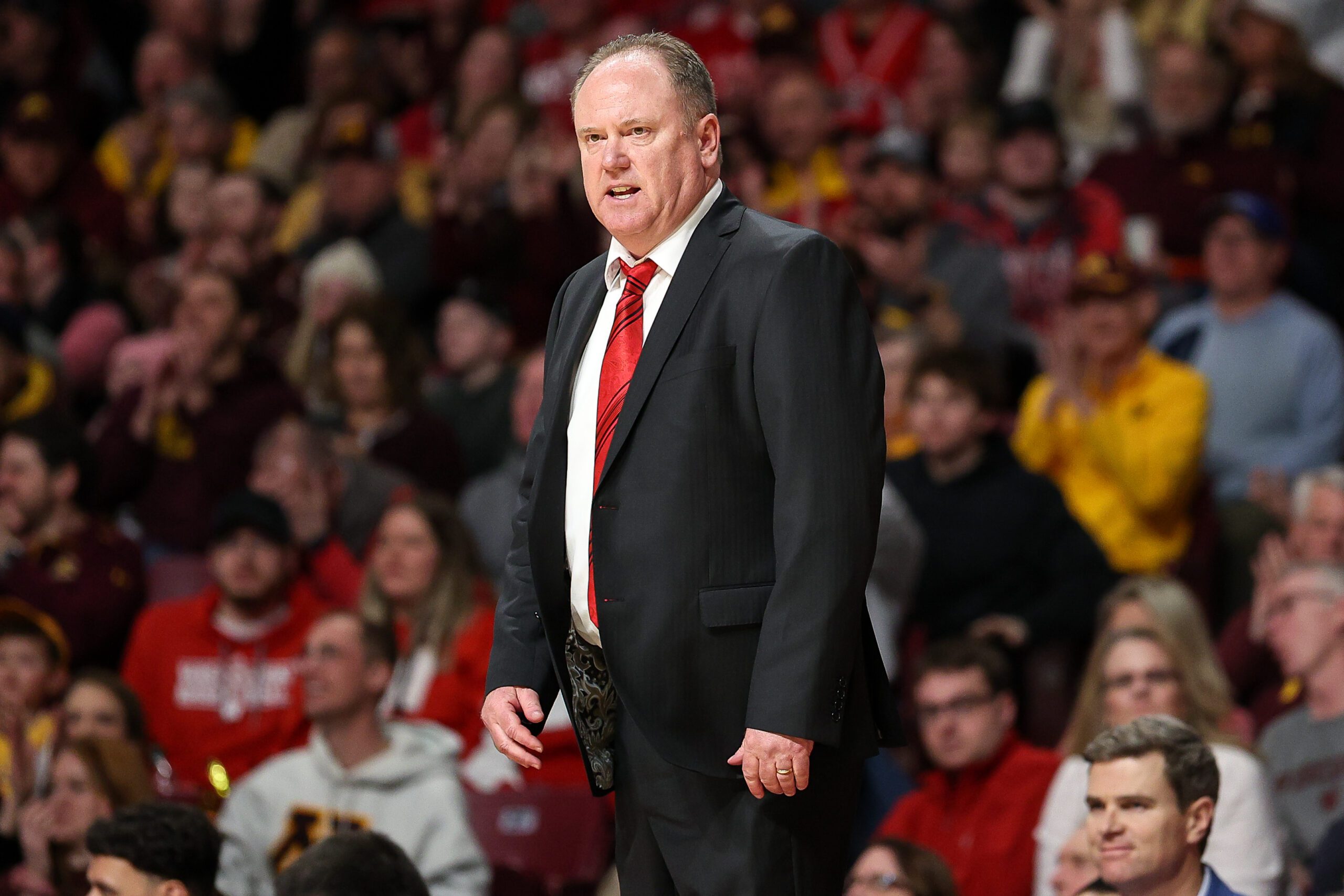 Mar 5, 2025; Minneapolis, Minnesota, USA; Wisconsin Badgers head coach Greg Gard reacts during the first half against the Minnesota Golden Gophers at Williams Arena. Mandatory Credit: Matt Krohn-Imagn Images