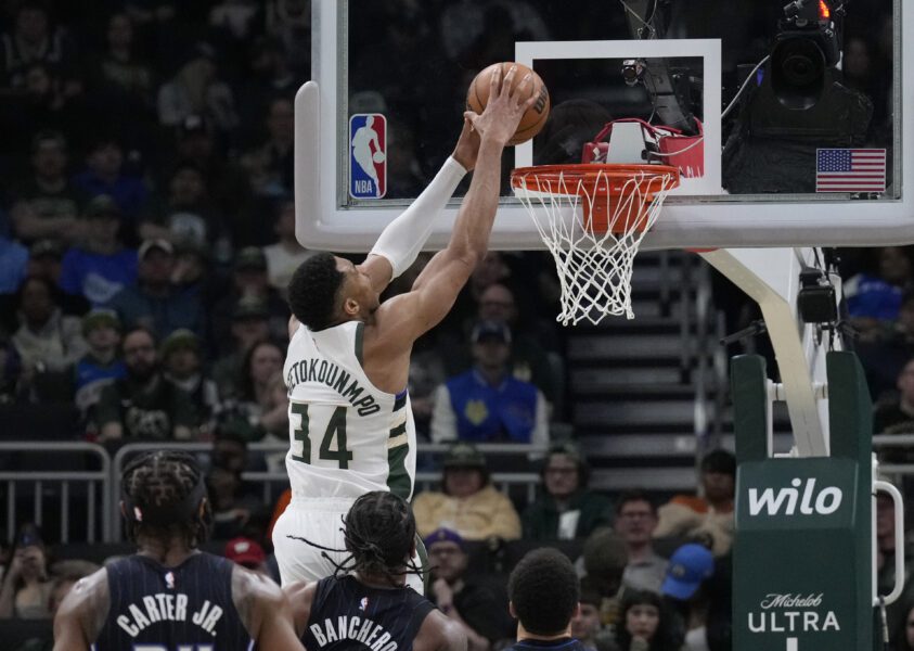 Mar 8, 2025; Milwaukee, Wisconsin, USA; Milwaukee Bucks forward Giannis Antetokounmpo (34) dunks the ball against the Orlando Magic in the second half at Fiserv Forum. Mandatory Credit: Michael McLoone-Imagn Images