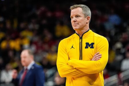 Michigan head coach Dusty May watches a play against Wisconsin during the first half of Big Ten Tournament championship game at Gainbridge Fieldhouse in Indianapolis, Ind. on Sunday, March 16, 2025. © Junfu Han / USA TODAY NETWORK via Imagn Images