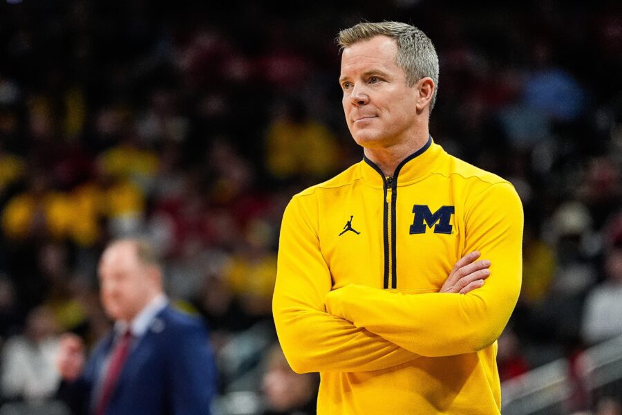 Michigan head coach Dusty May watches a play against Wisconsin during the first half of Big Ten Tournament championship game at Gainbridge Fieldhouse in Indianapolis, Ind. on Sunday, March 16, 2025. © Junfu Han / USA TODAY NETWORK via Imagn Images