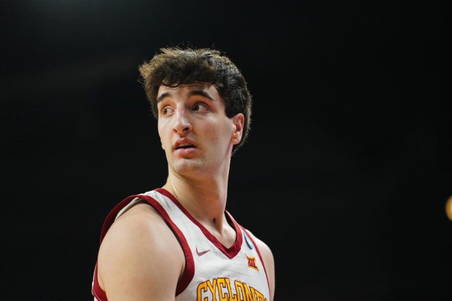 Milan Momcilovic looks to his teammates during the second-round game against Washington State in the NCAA Tournament, March 23, 2024 at CHI Health Center Arena in Omaha.