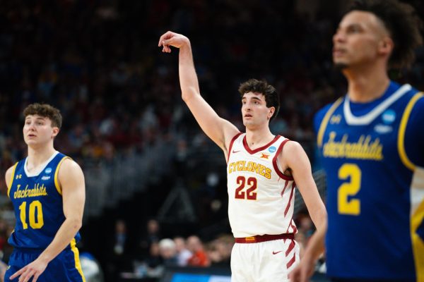 Milan Momcilovic watches his 3-point attempt during the first-round game against South Dakota State in the NCAA Tournament, March 21, 2024 at CHI Health Center Arena in Omaha. (Jacob Rice)