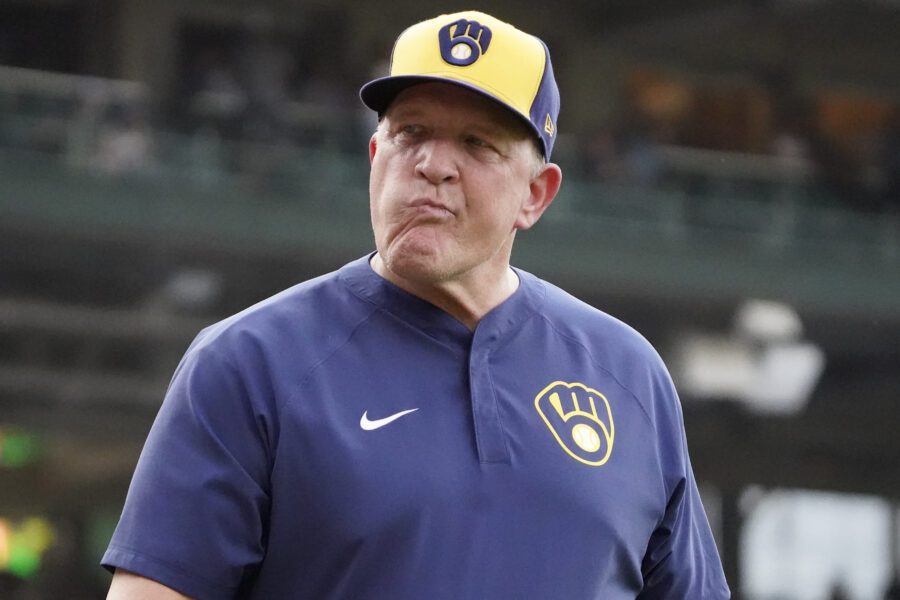 Jun 17, 2025; Chicago, Illinois, USA; Milwaukee Brewers manager Pat Murphy (49) before the game against the Chicago Cubs at Wrigley Field. Mandatory Credit: David Banks-Imagn Images
