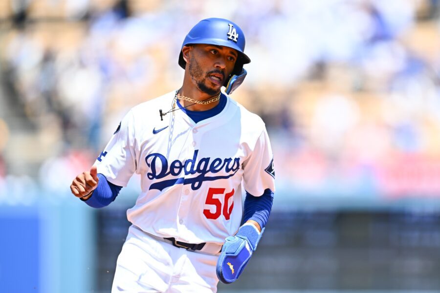 Jul 20, 2025; Los Angeles, California, USA; Los Angeles Dodgers shortstop Mookie Betts (50) rounds the bases after teammate designated hitter Shohei Ohtani (not pictured) hit a two-run home run against the Milwaukee Brewers during the third inning of the game at Dodger Stadium. Mandatory Credit: Jonathan Hui-Imagn Images