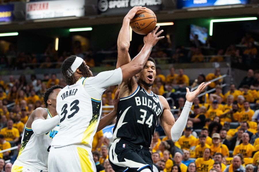 Shams Charania drops bombshell on Giannis Antetokounmpo’s Bucks future 2 Apr 29, 2025; Indianapolis, Indiana, USA; Milwaukee Bucks forward Giannis Antetokounmpo (34) shoots the ball while Indiana Pacers center Myles Turner (33) defends during game five of the first round for the 2024 NBA Playoffs at Gainbridge Fieldhouse. Mandatory Credit: Trevor Ruszkowski-Imagn Images