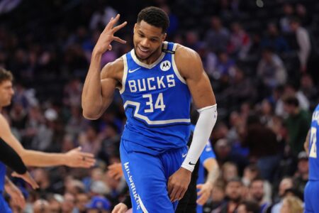 Apr 3, 2025; Philadelphia, Pennsylvania, USA; Milwaukee Bucks forward Giannis Antetokounmpo (34) reacts against the Philadelphia 76ers in the fourth quarter at Wells Fargo Center. Mandatory Credit: Kyle Ross-Imagn Images