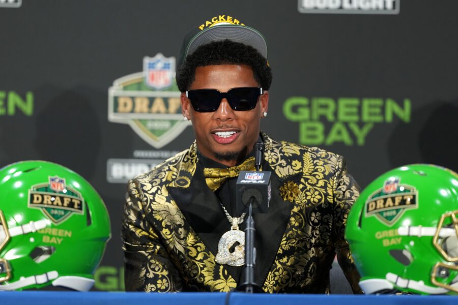 Apr 24, 2025; Green Bay, WI, USA; Matthew Golden speaks in a press conference after being selected by the Green Bay Packers as the number 23 pick in the first round of the 2025 NFL Draft at Lambeau Field. Mandatory Credit: Kirby Lee-Imagn Images