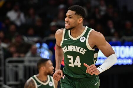 Mar 5, 2025; Milwaukee, Wisconsin, USA; Milwaukee Bucks forward Giannis Antetokounmpo (34) reacts in the third quarter against the Dallas Mavericks at Fiserv Forum. Mandatory Credit: Benny Sieu-Imagn Images
