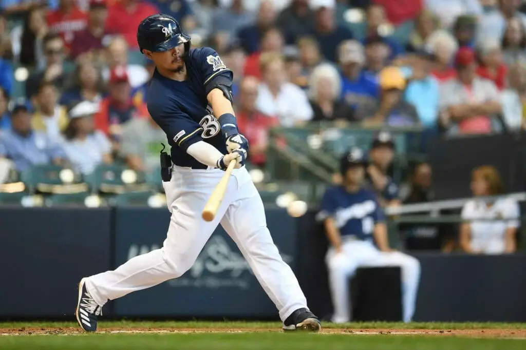 Keston Hiura of the Milwaukee Brewers swings at a pitch during the second inning against the St. Louis Cardinals at Miller Park on August 27, 2019 in Milwaukee, Wisconsin. (Photo by Stacy Revere/Getty Images)